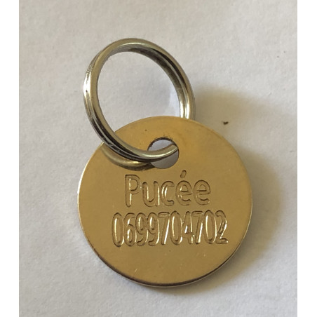 Médaille chien ronde en laiton poli diamètre 22 mm gravure