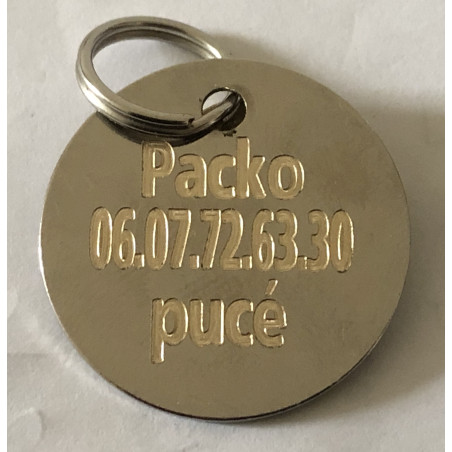 Médaille Chien RONDE Laiton chromé 3,2 cm - Convient à GRAND CHIEN - Gravure profonde et soignée OFFERTE