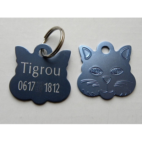 Médaille "TETE DE CHAT" bleu argenté pour chat gravure 1 face