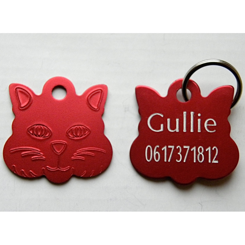 Médaille "TETE DE CHAT" rouge pour chat gravure 1 face