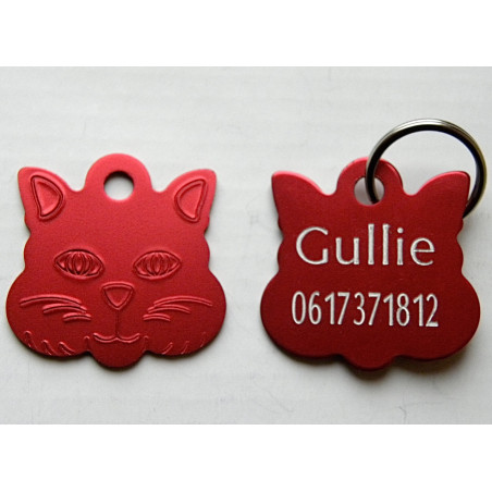 Médaille "TETE DE CHAT" rouge pour chat gravure 1 face