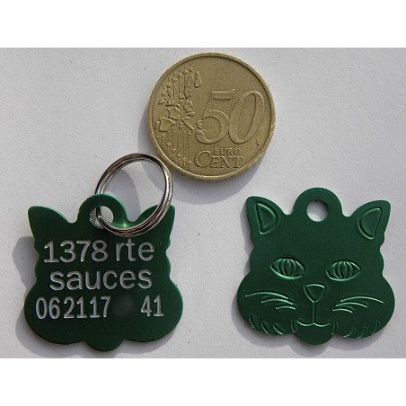 Médaille "TETE DE CHAT" verte pour chat gravure 1 face