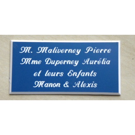 plaque de porte personnalisable bleu "calligraphie" format 75x150 mm 4 lignes.