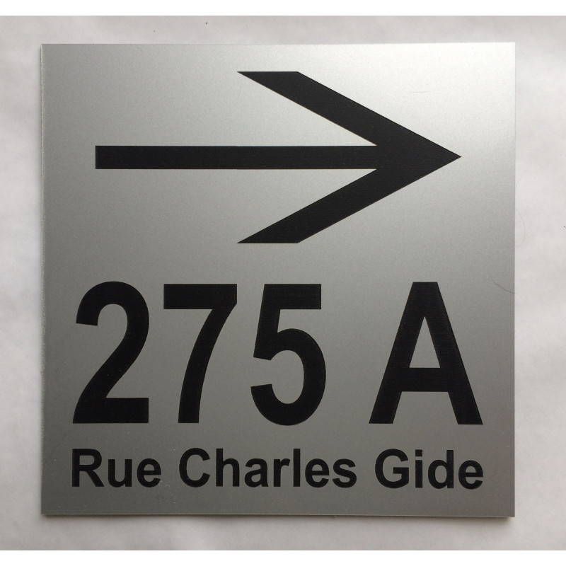 plaque de numéro de maison + nom de la rue + flèche droite argenté personnalisée