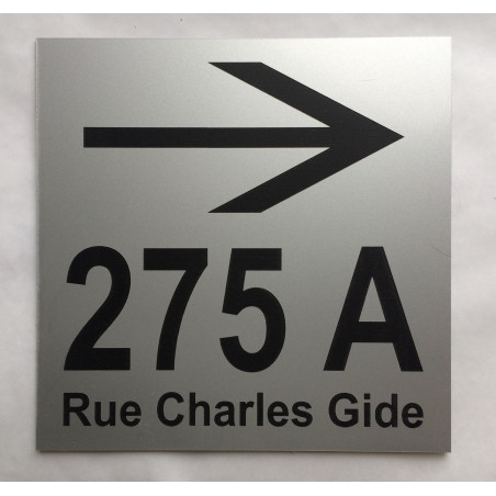 plaque de numéro de maison + nom de la rue + flèche droite argenté personnalisée