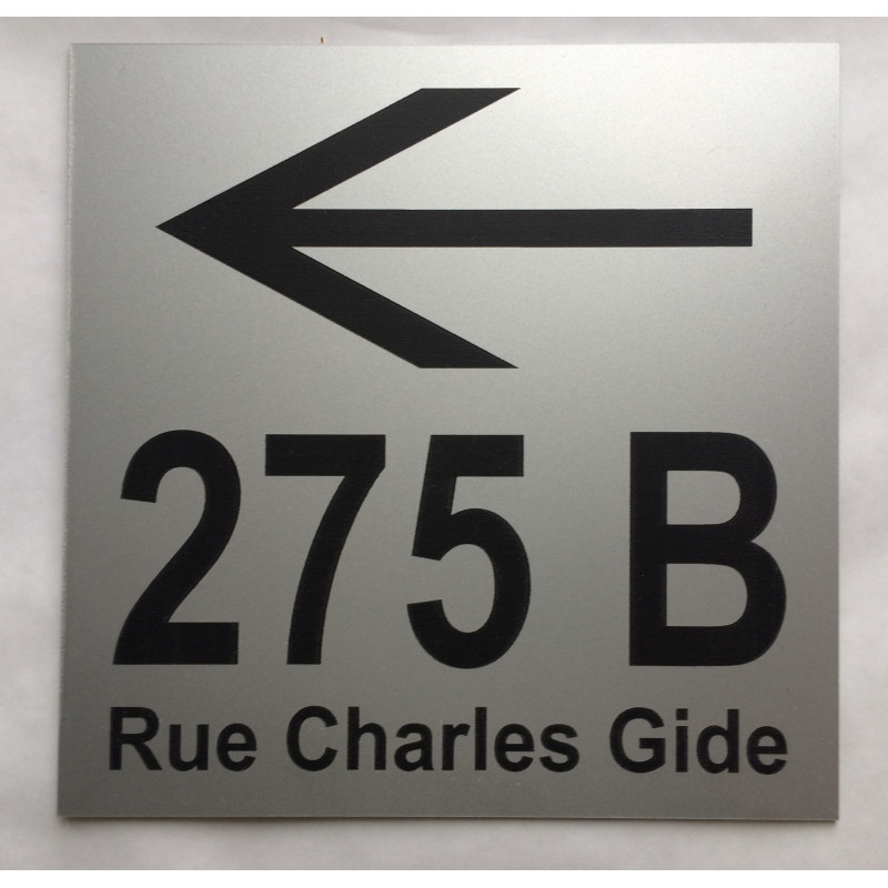 plaque de numéro de maison + nom de la rue + flèche gauche argenté personnalisée