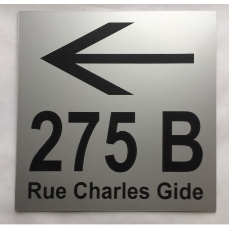 plaque de numéro de maison + nom de la rue + flèche gauche argenté personnalisée