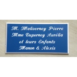plaque de porte personnalisée "calligraphie" bleu format 48x100 mm 4 lignes.