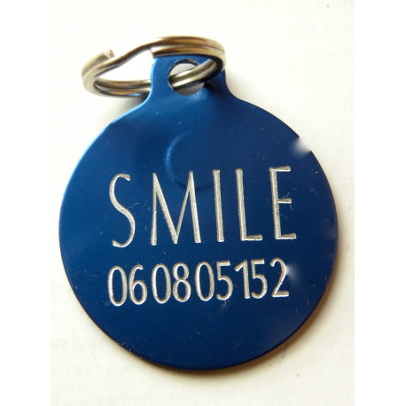 Médaille gravée "SMILEY" BLEU pour Chien gravure 1 face Ft 32 mm