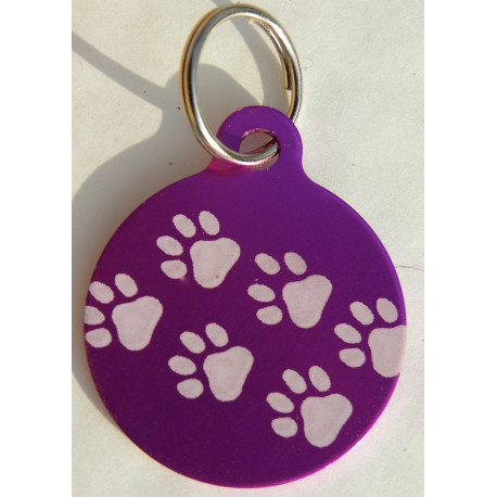 Médaille gravée "motifs pattes" violette pour Chien gravure 1 face Ft 32 mm