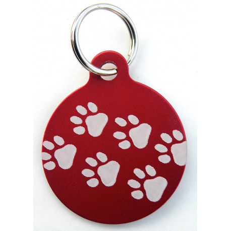 Médaille gravée "motifs pattes" rouge pour Chien gravure 1 face Ft 32 mm