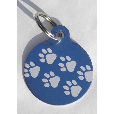 Médaille gravée "motifs pattes" bleu argentée pour Chien gravure 1 face Ft 32 mm