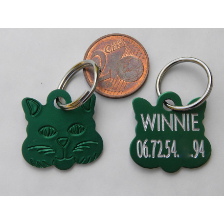 Médaille "tete de chat" verte pour Chaton personnalisable gravure 1 face ft 22x22 mm