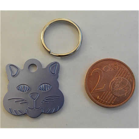 Médaille "tete de chat" bleu argentée pour Chaton personnalisable gravure 1 face ft 22x22 mm