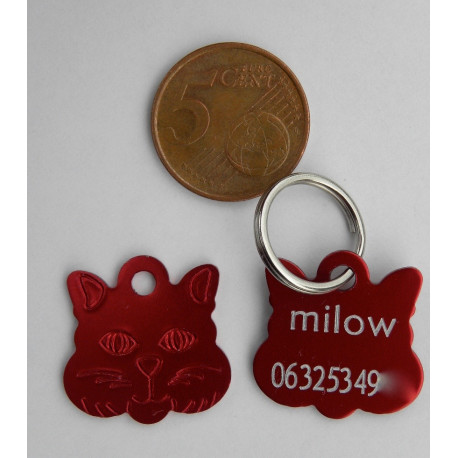 Médaille "tete de chat" rouge pour Chaton personnalisable gravure 1 face ft 22x22 mm