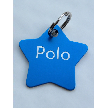 Medaille chien étoile bleue aluminium gravure 2 faces pour grand chien