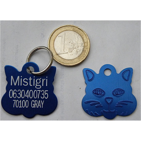 Médaille "TETE DE CHAT" bleu pour chat gravure 1 face