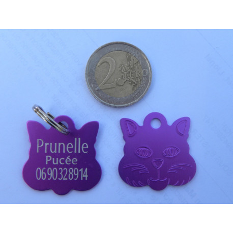 Médaille "TETE DE CHAT" violette pour chat gravure 1 face
