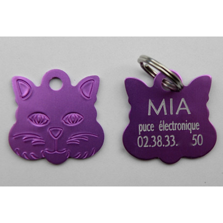 Médaille "TETE DE CHAT" violette pour chat gravure 1 face