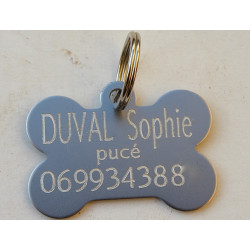 Médaille gravée chien bleu argentée os  (moyen modele) personnalisable gravure 1 ou 2 faces 