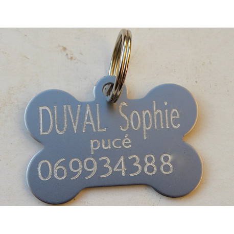 Médaille gravée chien bleu argentée os  (moyen modele) personnalisable gravure 1 ou 2 faces 