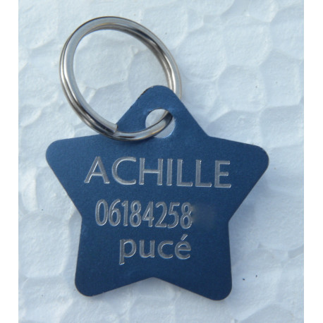 Médaille gravée étoile bleu argenté pour chaton chiot gravure 2 faces