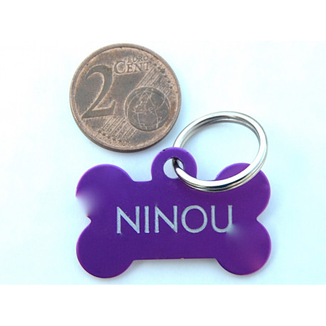 Médaille "os" violet pour petit chien ou chiot gravure 2 faces
