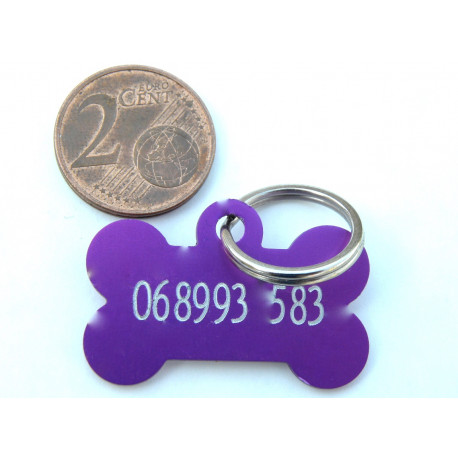 Médaille "os" violet pour petit chien ou chiot gravure 2 faces