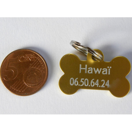 Médaille "os" doré pour petit chien ou chiot gravure 2 faces