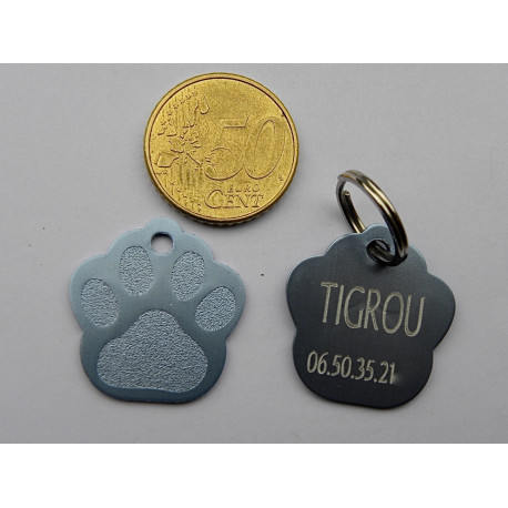 Médaille "patte" bleu argentée pour petit et moyen chien gravure 1 face