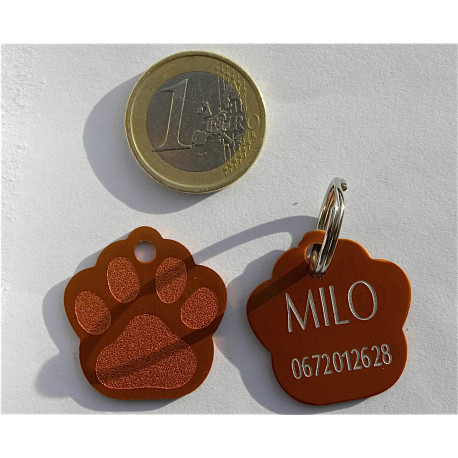 Médaille "patte" orange pour petit et moyen chien gravure 1 face
