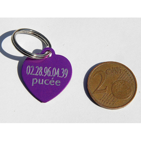 Médaille gravée coeur violet pour Chaton, Chiot  gravure 2 faces