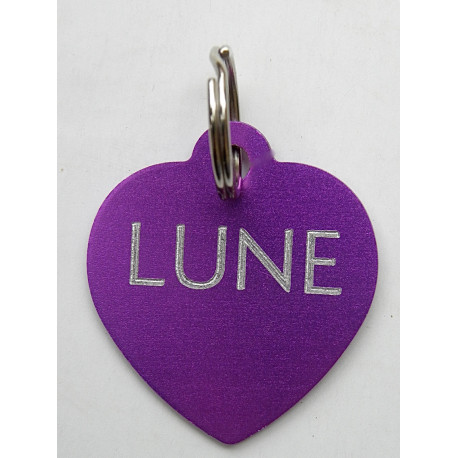 Médaille gravée coeur violet pour grand chien gravure 2 faces