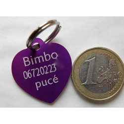 Médaille gravée coeur violet pour chien moyen gravure 2 faces