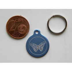 Médaille gravée ronde bleu argenté 19 mm "papillon" pour chaton, Chiot gravure 1 face