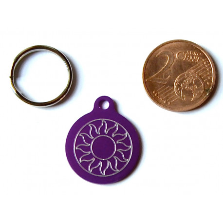 Médaille gravée ronde violette 19 mm "soleil" pour chaton, Chiot gravure 1 face