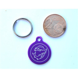 Médaille gravée ronde violette 19 mm "poisson" pour chaton, Chiot gravure 1 face