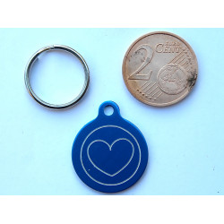 Médaille gravée ronde bleu 19 mm "coeur" pour chaton, Chiot gravure 1 face
