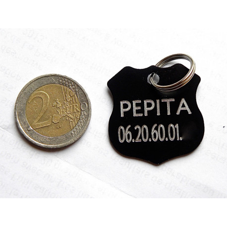 Médaille gravée insigne police noire pour grand Chien gravure 2 faces