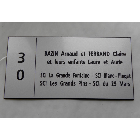 plaque de porte argentée numéro + 4 lignes format 48x100 mm personnalisable.