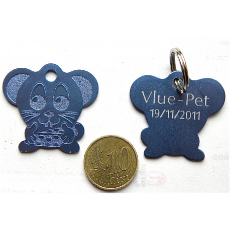 Médaille "souris" bleu argentée pour Chat personnalisable gravure 1 face
