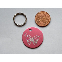 Médaille ronde "papillon" rose pour Chien moyen gravure 1 face