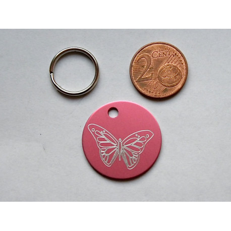 Médaille ronde "papillon" rose pour Chien moyen gravure 1 face