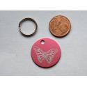 Médaille ronde "papillon" rose pour Chien moyen gravure 1 face