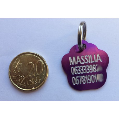 Médaille "patte" violette pour petit et moyen chien gravure 1 face
