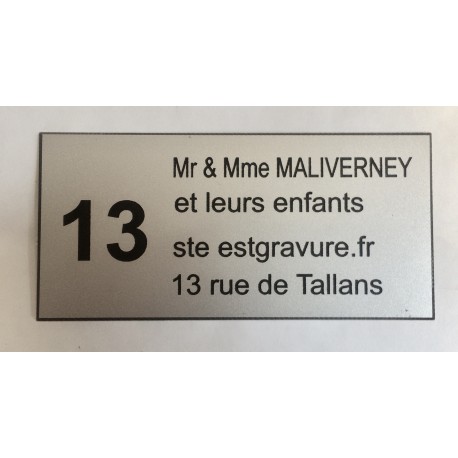 plaque de porte argentée numéro + 4 lignes format 48x100 mm personnalisable