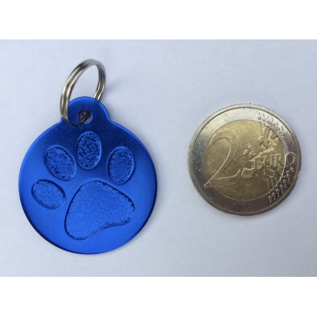 Médaille pour grand chien "patte" ronde bleu gravure 1 face