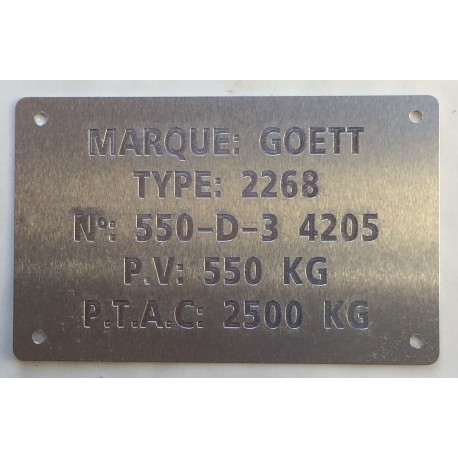 Plaque de Tare alu à riveter remorque GOETT personnalisation en ligne