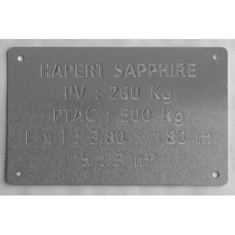 Plaque de Tare alu à riveter remorque HAPERT SAPPHIRE  personnalisation en ligne