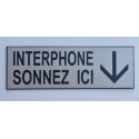 plaque adhésive "INTERPHONE SONNEZ ICI" fond ARGENT  fleche bas